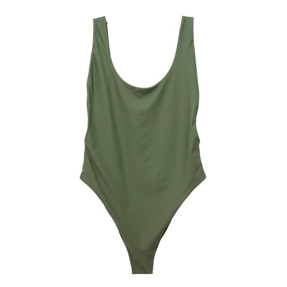 Aerie Super Scoop One Piece Swimsuit Size Large Olive Green Hi Cut Cheeky Swim - Picture 2 of 14